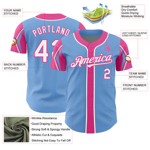Custom Light Blue White-Pink 3 Colors Arm Shapes Authentic Baseball Jersey