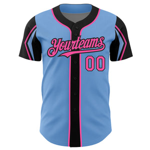 Custom Light Blue Pink-Black 3 Colors Arm Shapes Authentic Baseball Jersey