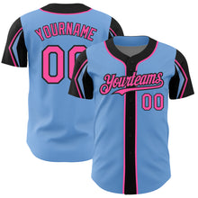 Load image into Gallery viewer, Custom Light Blue Pink-Black 3 Colors Arm Shapes Authentic Baseball Jersey
