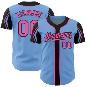 Custom Light Blue Pink-Black 3 Colors Arm Shapes Authentic Baseball Jersey