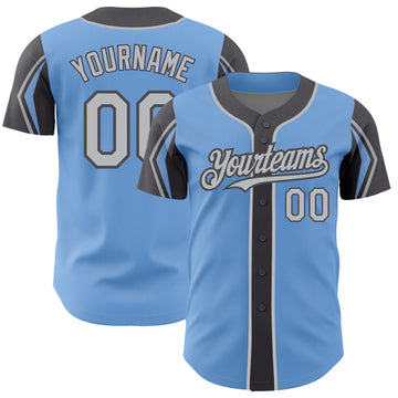 Custom Light Blue Gray-Steel Gray 3 Colors Arm Shapes Authentic Baseball Jersey