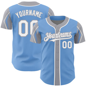 Custom Light Blue White-Gray 3 Colors Arm Shapes Authentic Baseball Jersey