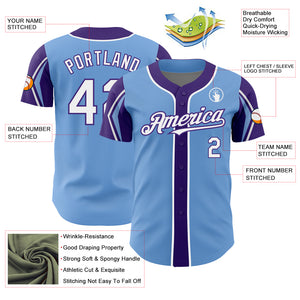 Custom Light Blue White-Purple 3 Colors Arm Shapes Authentic Baseball Jersey
