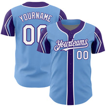 Load image into Gallery viewer, Custom Light Blue White-Purple 3 Colors Arm Shapes Authentic Baseball Jersey
