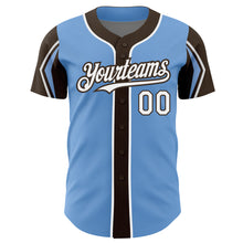 Load image into Gallery viewer, Custom Light Blue White-Brown 3 Colors Arm Shapes Authentic Baseball Jersey
