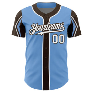 Custom Light Blue White-Brown 3 Colors Arm Shapes Authentic Baseball Jersey