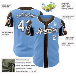 Custom Light Blue White-Brown 3 Colors Arm Shapes Authentic Baseball Jersey