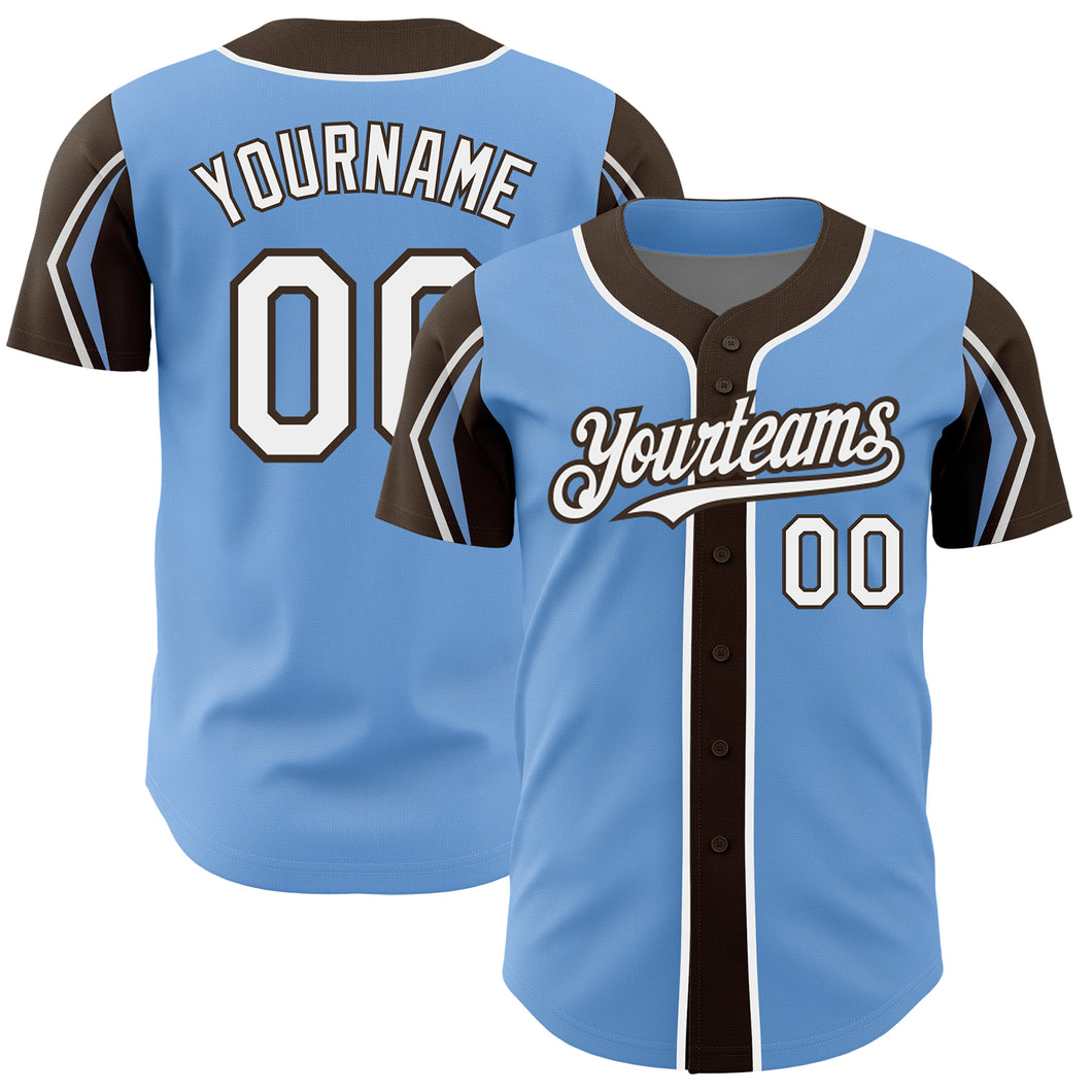 Custom Light Blue White-Brown 3 Colors Arm Shapes Authentic Baseball Jersey