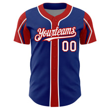 Laden Sie das Bild in den Galerie-Viewer, Custom Royal White-Red 3 Colors Arm Shapes Authentic Baseball Jersey
