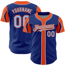 Laden Sie das Bild in den Galerie-Viewer, Custom Royal Light Blue-Orange 3 Colors Arm Shapes Authentic Baseball Jersey
