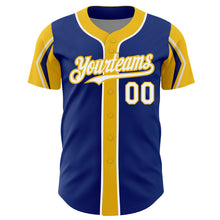 Laden Sie das Bild in den Galerie-Viewer, Custom Royal White-Yellow 3 Colors Arm Shapes Authentic Baseball Jersey
