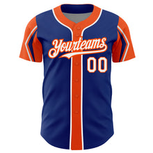 Laden Sie das Bild in den Galerie-Viewer, Custom Royal White-Orange 3 Colors Arm Shapes Authentic Baseball Jersey
