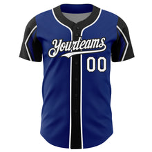 Laden Sie das Bild in den Galerie-Viewer, Custom Royal White-Black 3 Colors Arm Shapes Authentic Baseball Jersey
