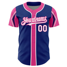 Laden Sie das Bild in den Galerie-Viewer, Custom Royal White-Pink 3 Colors Arm Shapes Authentic Baseball Jersey
