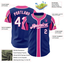 Laden Sie das Bild in den Galerie-Viewer, Custom Royal White-Pink 3 Colors Arm Shapes Authentic Baseball Jersey
