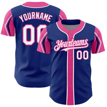 Laden Sie das Bild in den Galerie-Viewer, Custom Royal White-Pink 3 Colors Arm Shapes Authentic Baseball Jersey
