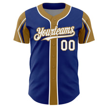 Laden Sie das Bild in den Galerie-Viewer, Custom Royal White-Old Gold 3 Colors Arm Shapes Authentic Baseball Jersey
