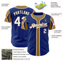 Laden Sie das Bild in den Galerie-Viewer, Custom Royal White-Old Gold 3 Colors Arm Shapes Authentic Baseball Jersey
