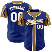 Laden Sie das Bild in den Galerie-Viewer, Custom Royal White-Old Gold 3 Colors Arm Shapes Authentic Baseball Jersey

