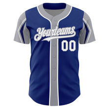 Laden Sie das Bild in den Galerie-Viewer, Custom Royal White-Gray 3 Colors Arm Shapes Authentic Baseball Jersey
