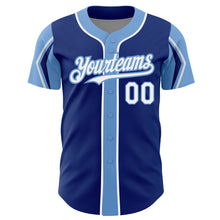 Laden Sie das Bild in den Galerie-Viewer, Custom Royal White-Light Blue 3 Colors Arm Shapes Authentic Baseball Jersey
