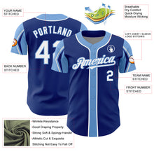 Laden Sie das Bild in den Galerie-Viewer, Custom Royal White-Light Blue 3 Colors Arm Shapes Authentic Baseball Jersey
