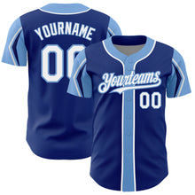 Laden Sie das Bild in den Galerie-Viewer, Custom Royal White-Light Blue 3 Colors Arm Shapes Authentic Baseball Jersey
