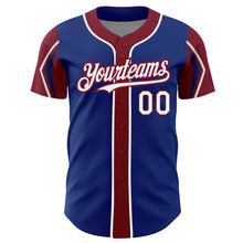 Laden Sie das Bild in den Galerie-Viewer, Custom Royal White-Crimson 3 Colors Arm Shapes Authentic Baseball Jersey
