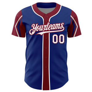 Custom Royal White-Crimson 3 Colors Arm Shapes Authentic Baseball Jersey