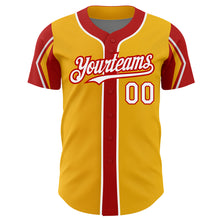 Laden Sie das Bild in den Galerie-Viewer, Custom Gold White-Red 3 Colors Arm Shapes Authentic Baseball Jersey

