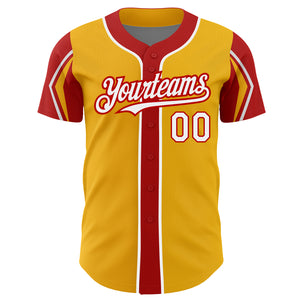 Custom Gold White-Red 3 Colors Arm Shapes Authentic Baseball Jersey