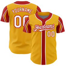 Load image into Gallery viewer, Custom Gold White-Red 3 Colors Arm Shapes Authentic Baseball Jersey
