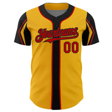 Load image into Gallery viewer, Custom Gold Red-Black 3 Colors Arm Shapes Authentic Baseball Jersey
