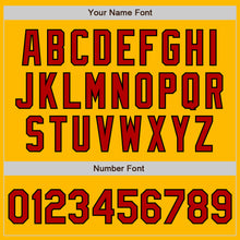 Load image into Gallery viewer, Custom Gold Red-Black 3 Colors Arm Shapes Authentic Baseball Jersey
