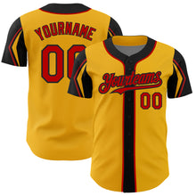 Load image into Gallery viewer, Custom Gold Red-Black 3 Colors Arm Shapes Authentic Baseball Jersey
