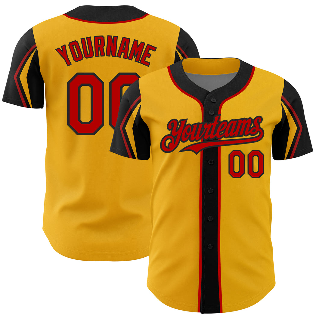 Custom Gold Red-Black 3 Colors Arm Shapes Authentic Baseball Jersey