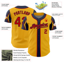 Load image into Gallery viewer, Custom Gold Red-Navy 3 Colors Arm Shapes Authentic Baseball Jersey
