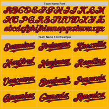 Load image into Gallery viewer, Custom Gold Red-Navy 3 Colors Arm Shapes Authentic Baseball Jersey
