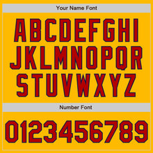 Load image into Gallery viewer, Custom Gold Red-Navy 3 Colors Arm Shapes Authentic Baseball Jersey
