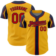 Load image into Gallery viewer, Custom Gold Red-Navy 3 Colors Arm Shapes Authentic Baseball Jersey
