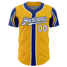 Load image into Gallery viewer, Custom Gold White-Royal 3 Colors Arm Shapes Authentic Baseball Jersey
