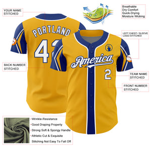 Custom Gold White-Royal 3 Colors Arm Shapes Authentic Baseball Jersey