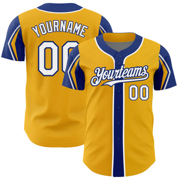 Custom Gold White-Royal 3 Colors Arm Shapes Authentic Baseball Jersey