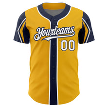 Laden Sie das Bild in den Galerie-Viewer, Custom Gold White-Navy 3 Colors Arm Shapes Authentic Baseball Jersey

