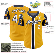 Laden Sie das Bild in den Galerie-Viewer, Custom Gold White-Navy 3 Colors Arm Shapes Authentic Baseball Jersey
