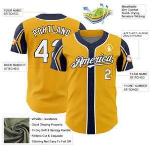 Custom Gold White-Navy 3 Colors Arm Shapes Authentic Baseball Jersey