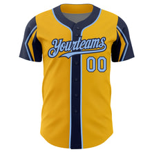 Load image into Gallery viewer, Custom Gold Light Blue-Navy 3 Colors Arm Shapes Authentic Baseball Jersey
