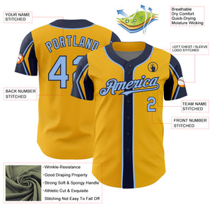 Custom Gold Light Blue-Navy 3 Colors Arm Shapes Authentic Baseball Jersey