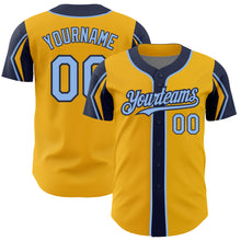 Load image into Gallery viewer, Custom Gold Light Blue-Navy 3 Colors Arm Shapes Authentic Baseball Jersey
