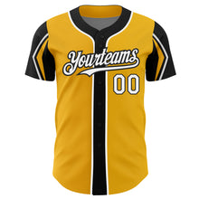 Load image into Gallery viewer, Custom Gold White-Black 3 Colors Arm Shapes Authentic Baseball Jersey
